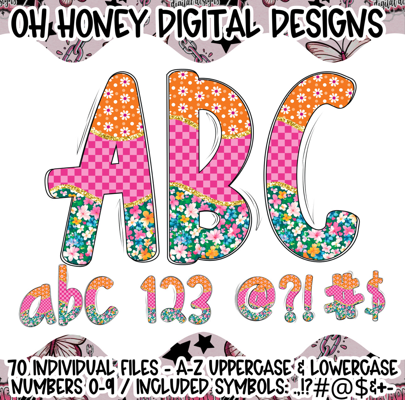 Pink/Orange Checker Floral - 70 Individual PNGs