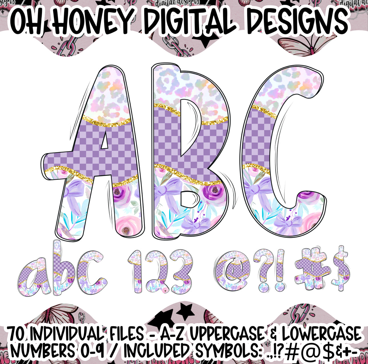 Purple Checker Floral - 70 Individual PNGs