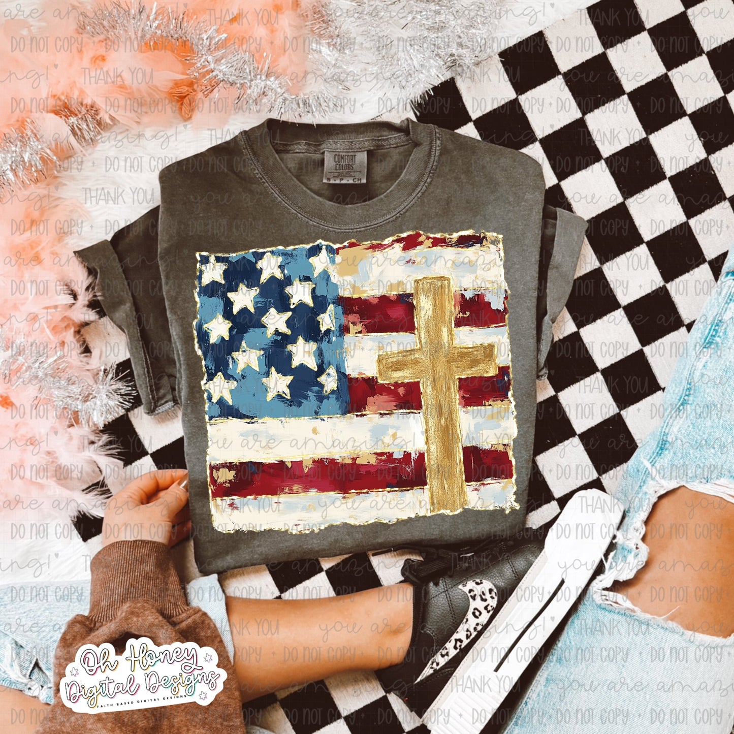 American Flag with Cross Glitter - PNG - MAY 2025