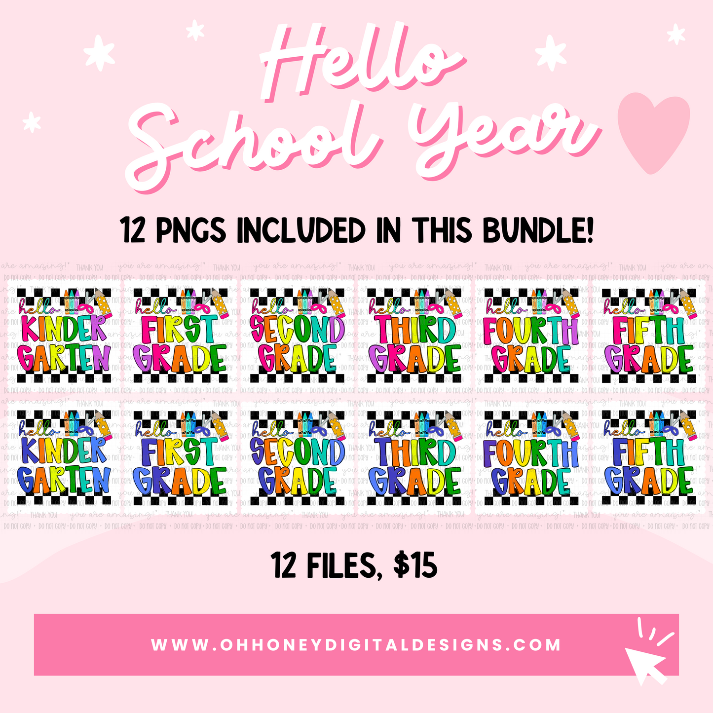 Hello School Grade Bundle - 12 Files - PNG - July Drive 2025