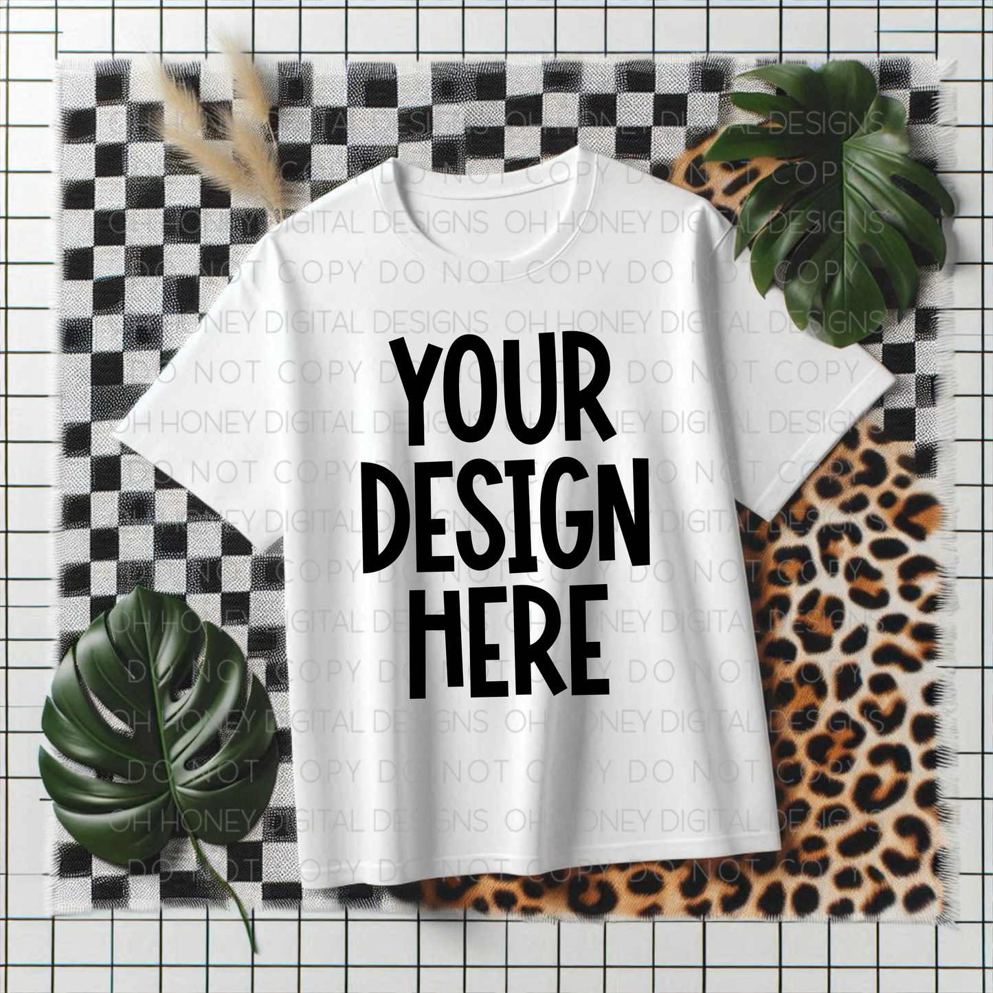 Unbranded White T-Shirt Checker Leopard Mockup