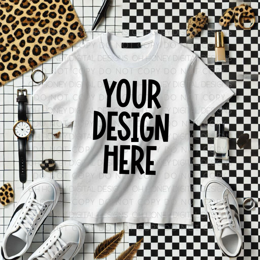 Unbranded White T-Shirt Leopard Checkered Mockup