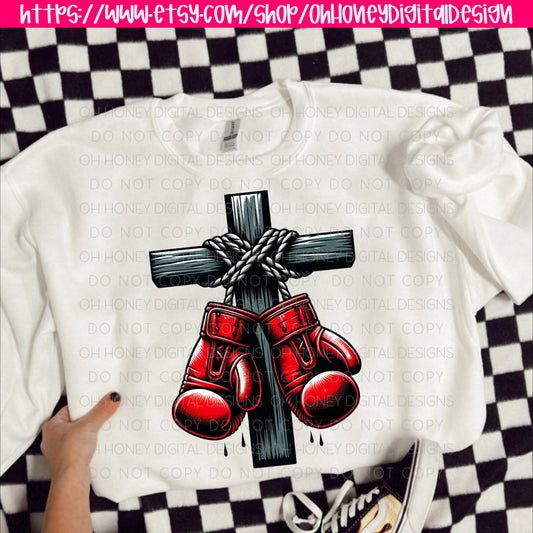 Cross with Boxing Gloves Hard Fought Hallelujah PNG